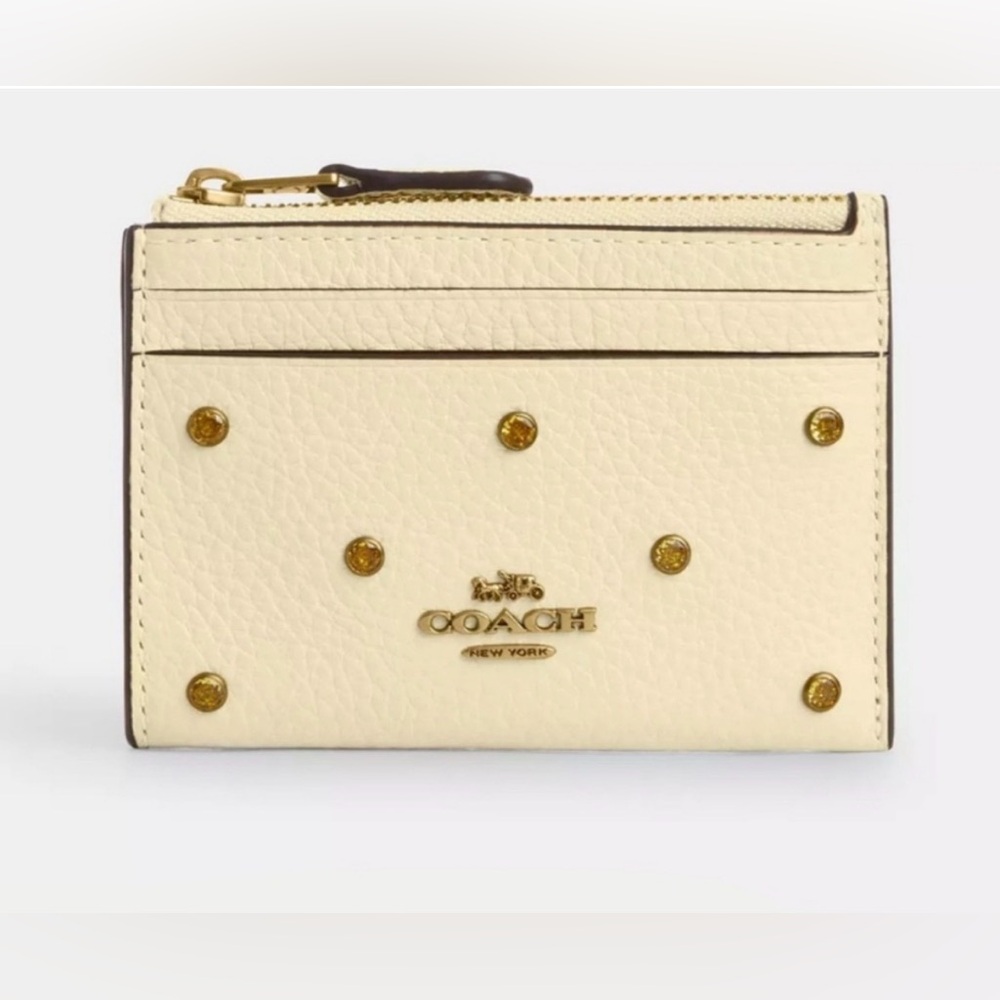 Coach Leather Mini Zip Cardholder Wallet Moonlight Pastel Yellow with Crystals